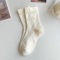 Japanese style cream white lace crew socks with elegant cable knit pattern and wavy trim - Double Cuff Floral (Off-White)