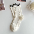 Japanese style white mid-calf socks with cable knit texture and black striped cuffs - Three Stripes Cuff (Striped White)