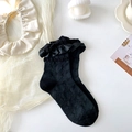 Japanische schwarze Baumwollsocken mit Rüschen, Jacquard-Mustern und Satinschleifen - Einheitsgröße / Schwarz