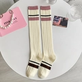 Calze al ginocchio a righe rosa in maglia di cotone bianco crema con trama a costine - Base Bianca con 2 Strisce
