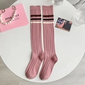 Pink striped knee-high socks featuring rib knit texture and academic preppy style stripes - Pink Top with 3 Stripes