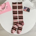 Pink striped knee-high socks with brown rib details and cotton knit texture - Coffee Top Wide Stripe