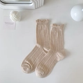 Beige Socken im japanischen Stil mit Rüschensaum und vertikalem Rippstrick-Design - Khaki