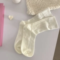 Lolita style cream white mid-calf socks with heart hollow mesh and vertical stripes - Creamy White