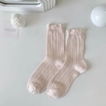 Japanese style sweet white ruffle mesh crew socks with hollow lace pattern in apricot - Light Pink