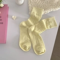 Creamy yellow Lolita style mesh socks with vertical stripes and hollow pattern - Milky Yellow