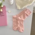Lolita style light pink heart hollow mesh crew socks with breathable texture - Orange Pink