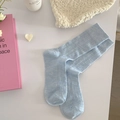 Light blue Lolita style calf socks with hollow-out knit mesh and vintage texture - Blue