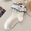 White Lolita lace mid-calf socks featuring black wave trim and a satin bow detail - One Size / Single White Bow Black Edge Pleated Style