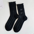 Schwarze JK-Socken mit Rüschenrand, Satinschleifen und Perlenverzierung im Lolita-Stil - Doppelte Schleife Perle Schwarz (7312 Schwarz)
