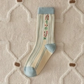 Mid-calf cotton socks featuring beige and light blue stripes with red berry patterns - One Size / Blue Striped Berry