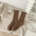 Dark brown wool crew socks with elegant ruffle trim and ribbed knit texture - One Size / Brown