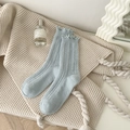 Light blue knit wool crew socks featuring elegant ruffled edges and vertical ribbed texture - One Size / Light Blue