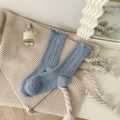 Light blue knit wool socks with ruffle edge and vertical stripe texture for women - One Size / Dark Blue