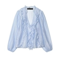 Macro detail of ruffled V-neckline and light blue satin texture on long sleeve chiffon blouse - Light Blue