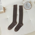 Brown cable knit knee-high socks for women in vintage Japanese prep style with thick texture - One Size / Dark Coffee