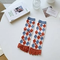 Damen Fünf-Finger-Baumwollsocken mit blau-orangefarbenem Argyle-Muster und Blumenstickerei - Orange-Blau Gitter