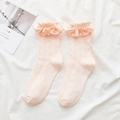 Calze Lolita rosa con motivo a cuore in maglia e bordo con volant in raso - Taglia unica / Rosa Arancio