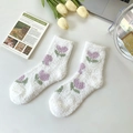 Calze invernali in pile corallo con motivo a tulipano viola su morbido peluche bianco - Taglia unica / Tulipano Bianco Viola