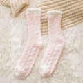 Roze koraalvlies sokken met witte pluche rand, strik en antislipzool voor de winter - Roze-Strik