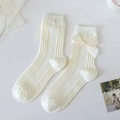 Calcetines de canalé blanco crema con lazo de satén y perla de estilo japonés Lolita - Estilo de Lazo de Cinta y Perla Crema (56Z)