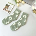 Calze spesse in pile di corallo verde fagiolo con motivi floreali bianchi per l'inverno - Taglia unica / Gardenia Verde Fagiolo