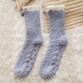 Blue coral fleece socks with purple velvet bow and non-slip heart grips on bottom - Blue - Bow Style
