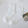 White Lolita princess socks with lace bow and elegant jacquard floral knit pattern - One Size / 3D Textured Jacquard Style (56M White)