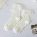 Chaussettes blanc crème avec dentelle, nœud et perle de style Lolita doux - Style Double Dentelle à Rayures Crème (65)