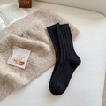 Classic black wool crew socks with vertical ribbed knit texture for autumn and winter - One Size / Black