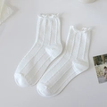 White Japanese Lolita princess socks with lace ruffle trim and cable knit texture - One Size / Ruffle Edge Cable Knit Style (56S White)