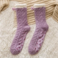 Thick purple coral fleece home socks with plush trim and pink velvet bow details - Purple - Bow Style