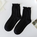 Chaussettes mi-hautes noires avec bords à volants élégants et texture en maille côtelée - Rayures verticales à bords ondulés (56S Noir)