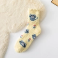Thick warm yellow coral fleece socks with blue cat and pink flower patterns - One Size / Cat Pattern / Yellow