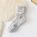 Thick light grey coral fleece socks with cat and flower patterns and wavy cuffs - One Size / Sheep Pattern / Gray