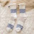 Thick coral fleece striped socks with a purple bow and heart-shaped non-slip grip soles - Blue Striped - Bow Style