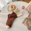 Thick wool blend mid-calf socks with contrast cream white toe and caramel brown knit - One Size / Rice Cuff Color Block