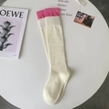 Knee-high white socks with bright pink ribbed cuffs, minimalist Korean style flat lay - One Size / Rose Red Cuff (White Sock Pink Edge)