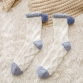 Cozy coral fleece mid-calf socks in beige and blue with decorative fluffy pompom detail - Blue Contrast - Pom Pom Style