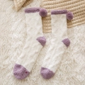 Sweet purple and white coral fleece socks with cute pom-poms for warm winter sleeping - Purple Contrast - Pom Pom Style