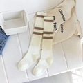 Cream-white knee-high socks with dark brown double stripes in retro varsity style - One Size / White with Khaki Stripes