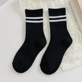 Checkered crew socks in black with white stripes on a minimalist textured background - Black Two Stripes