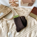 Thick ribbed knit wool crew sock in dark brown with contrasting vibrant green trim - One Size / Dark Coffee