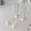 Creamy white mid-calf knit socks with vintage argyle pattern and twist cable texture - One Size / White