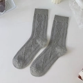 Japanese retro style mid-calf cotton socks in grey with diamond lattice knit pattern - One Size / Gray