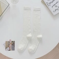 White Lolita knee-high socks with breathable diamond mesh pattern and soft cotton knit - One Size / White