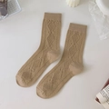 Retro khaki plaid cotton crew socks for women featuring vintage knit texture patterns - One Size / Khaki