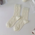 Mid-calf cream cotton socks featuring a delicate diamond knit pattern and ribbed cuffs - One Size / Beige