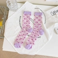 Sheer purple mesh crew socks with dark purple bow patterns and reinforced knit trim - One Size / Purple