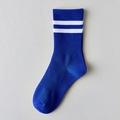 Dunkelblaue mittelhohe Ripp-Baumwollsocken mit weißen parallelen Streifen am Bündchen - Blau